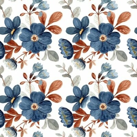 BESTÄLLNINGSVARA- Blå blommor på vit bomullsjersey
