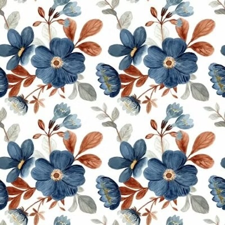 Stuv 6 - Bomullsjersey, Blå blommor på vit -160 cm