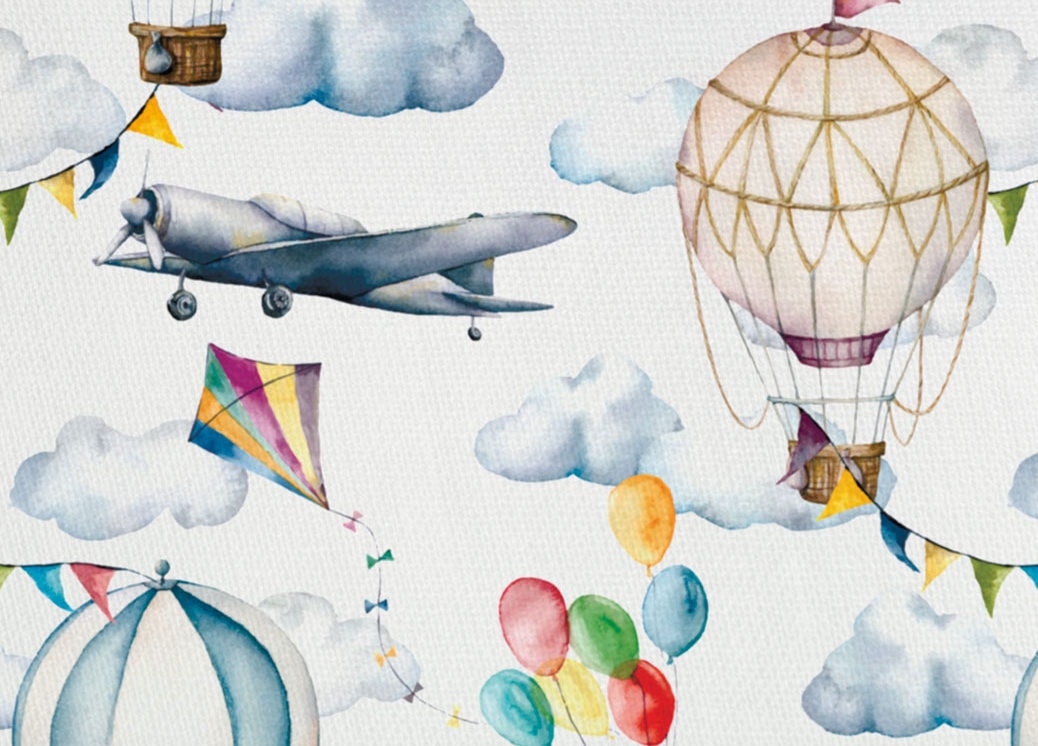 V1056 Bomullsväv Flygplan och färgglada ballonger (5 m)