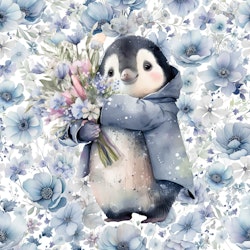 T7007 Joggingtyg Pingvin i blå blomster  (40 x 50 cm) 5-pack