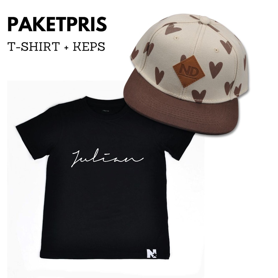 PAKETPRIS - Tshirt (svart) & keps Hjärtan brun