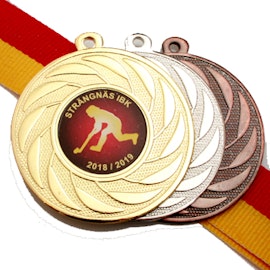 Medalj i storlek 50 mm med idrottsmotiv, band & text