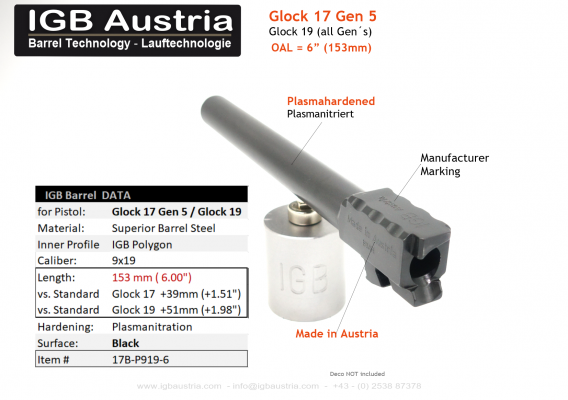 IGB - 6" IGB Glock 17 Gen5 / Glock 19 Barrel