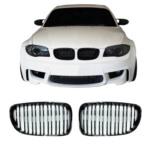 Kidney grills double slat, black gloss suitable for BMW 1 series E81 E82 E87 E88, 2007-2011