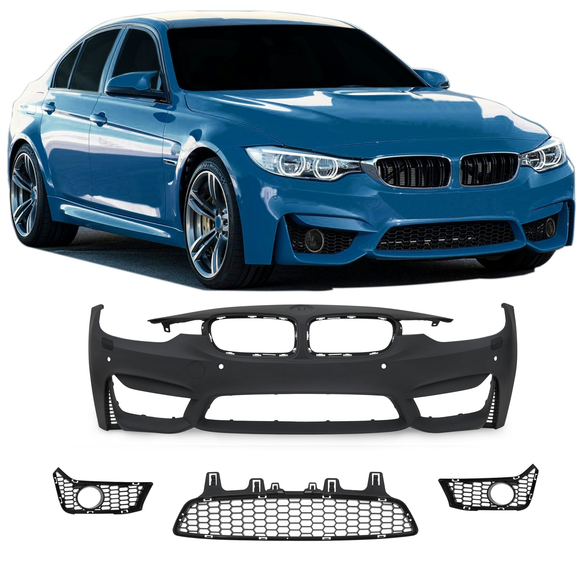 Front bumper in sports design with PDC holes and HCS suitable for BMW 3er BMW F30 LCI, 05/2015-2018