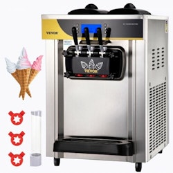 Kommersiell glassmaskin, 22-30L/H kapacitet, 2200W Bänkskiva Mjuk serveringsmaskin med 2x6L Hopper 2L Cylinder LCD-panel Puffing Brist Alarm, Frozen Yoghurt Maker för restaurang Snack Bar, Silver