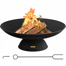 Fire Pit Bowl, 30-tums djup rund eldskål i gjutjärn, vedeldning för uteplatser, bakgårdar och campingbruk, med en stabil skål designad bas och en vedpinne, svart