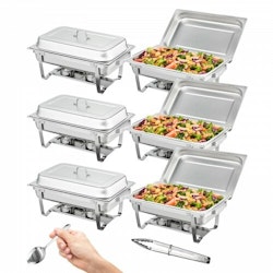 Chafing Dish Buffet Set, 8 Qt 6 Pack, Rostfri Chafer med 6 fullstora kastruller, rektangel Catering Warmer Server med lock Vattenpanna Vikbart stativ Bränslehållare Skedklämma, minst 8 personer