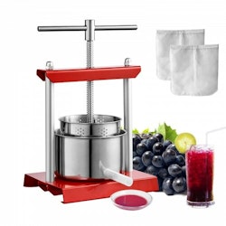 Fruktvinpress, 1,6 gallon/6L, 2 fat i rostfritt stål, manuell juicemaskin, cideräpple Druvtinktur Grönsaker Honung Olivolja Press med T-handtag för utomhus, kök och hem