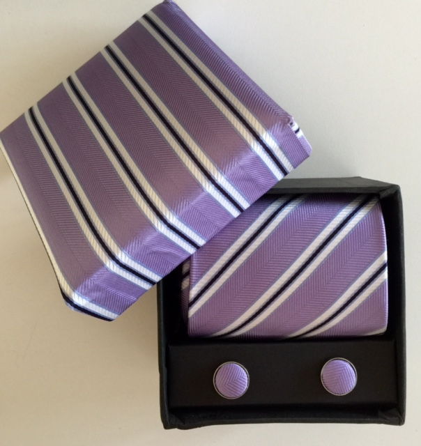 Box med slips set - lila/vit/randig