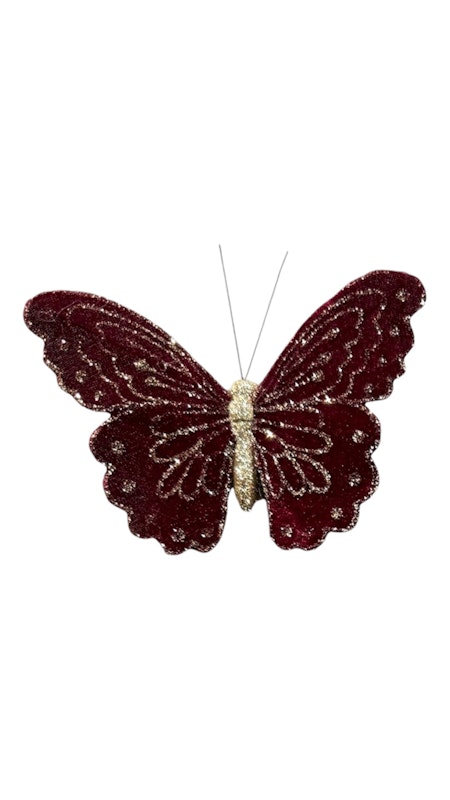 Velvet vinröd fjäril glitter 14 cm