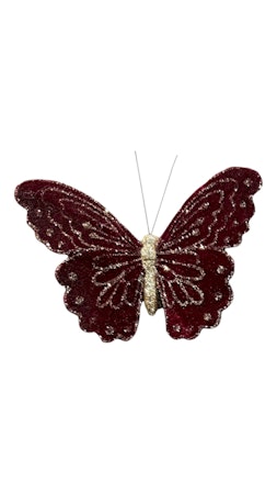 Velvet vinröd fjäril glitter 14 cm