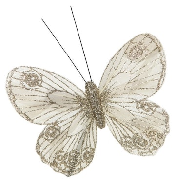 Vit glitterfjäril med clips 11 cm