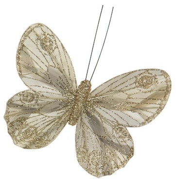 Glitterfjäril med clips 11 cm svagt gråturkos