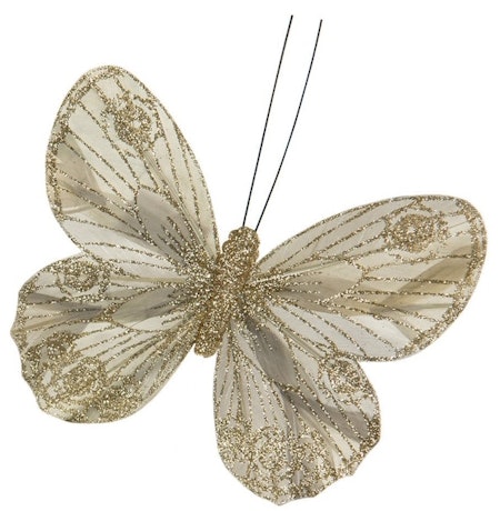 Glitterfjäril med clips 11 cm svagt gråturkos
