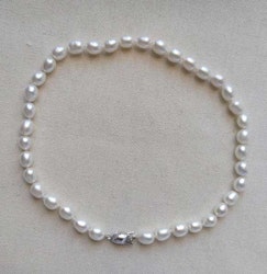 Pärlhalsband med ovala vita odlade sötvattenpärlor