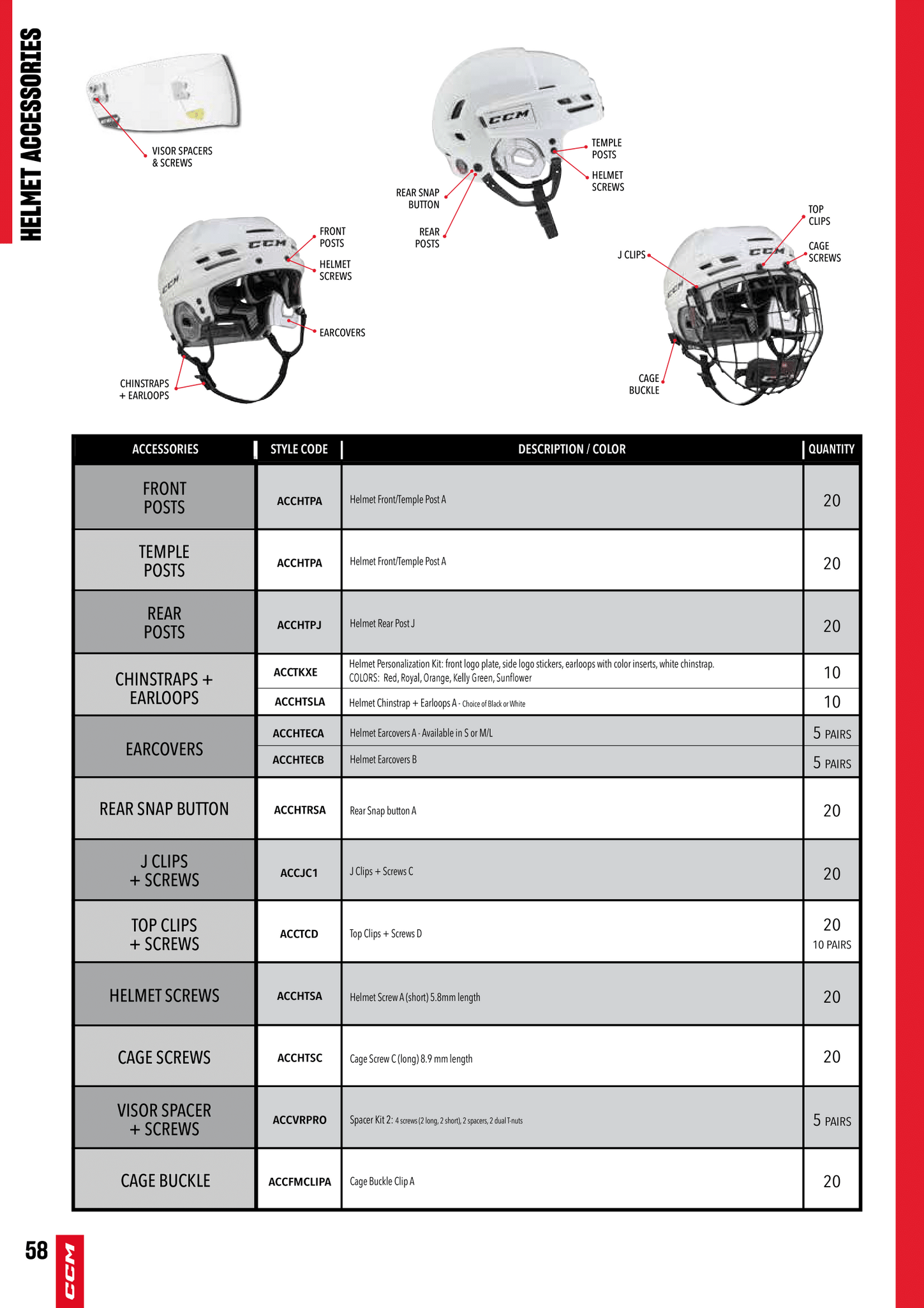 CCM visor space/screw kit