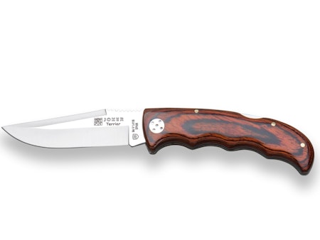 Joker Fällkniv Red wood med tillhörande brun läder slida.