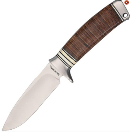 Jaktkniv med Brunt Lindat Läderhandtag – Klassisk Design och Säkert Grepp