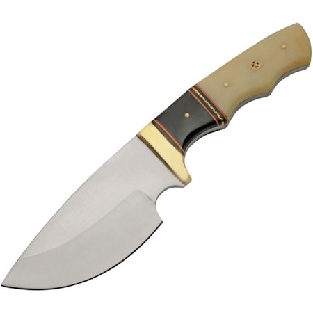 Jaktkniv med vitt ben handtag och stor vass buk