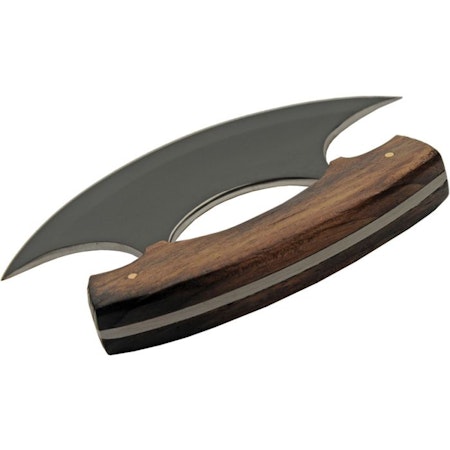 Svart Ulu skinner kniv med rött handtag av ädelträ.
