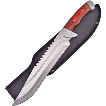 Bowie kniv med handtag av rött ädelträ och såg rygg