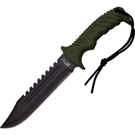 Taktiskt kniv för armen svart blad militärt grönt handtag.
