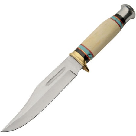 Liten och smidig Bowie kniv med ben handtag och läder slida.