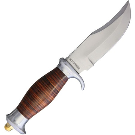 Jaktkniv med kraftfullt knivblad och handtag av läder.