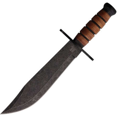 Svart Bowiekniv med brunt läder handtag.