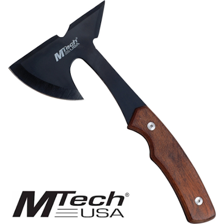 Köp en Liten Tomahawk yxa i svart med rött handtag av ädelträ.
