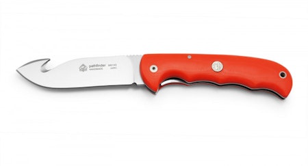 Fällbar jaktkniv med orange micarta handtag & buk öppnare