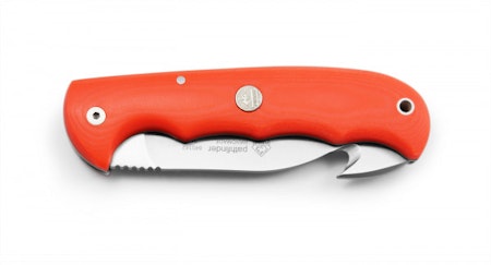 Fällbar jaktkniv med orange micarta handtag & buk öppnare