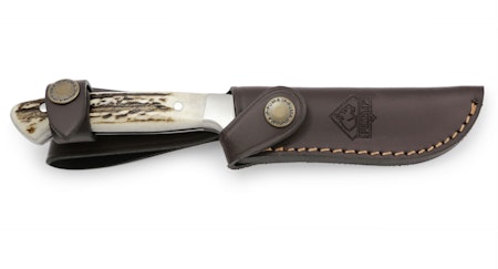 Kniv med stag handtag och brun läderslida för jakt och fritid PUMA IP PAl 240, staghorn