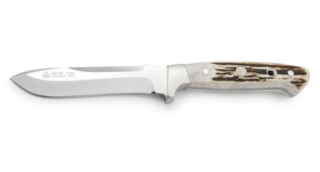 Kniv med stag handtag och brun läderslida för jakt och fritid PUMA IP PAl 240, staghorn