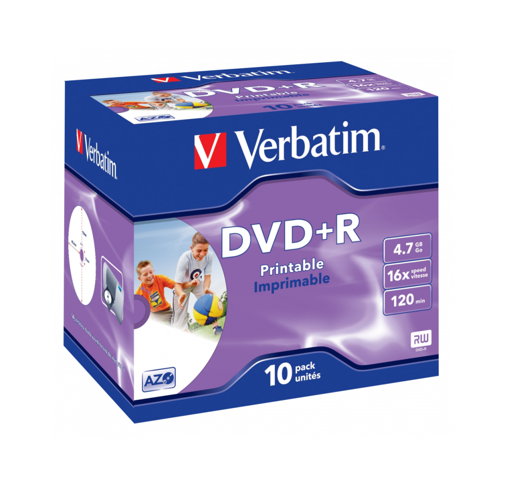 Verbatim DVD+R 16X 4.7GB hvit printbar 10 stk i cd case