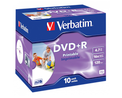 Verbatim DVD+R 16X 4.7GB hvit printbar 10 stk i cd case