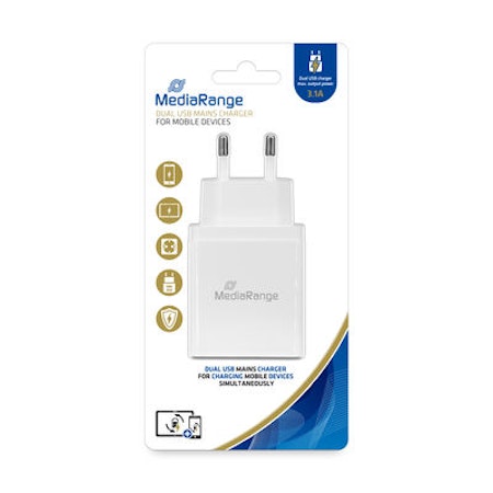 MediaRange Dobbel USB-nettlader, 3,1 A utgangseffekt, hvit
