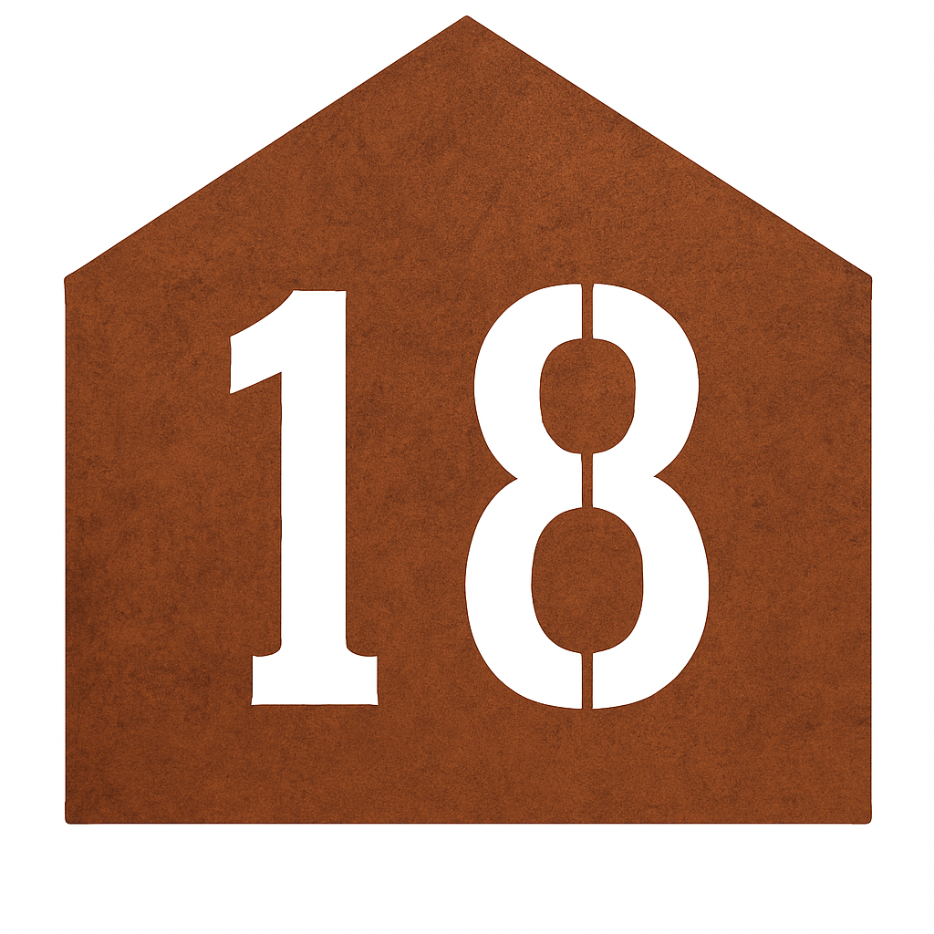 Corten husnummer plate med husform