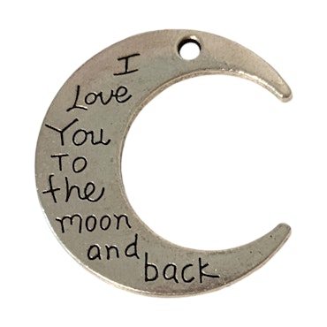 Berlock halvmåne "I love you to the moon and back", antiksilver, 30mm