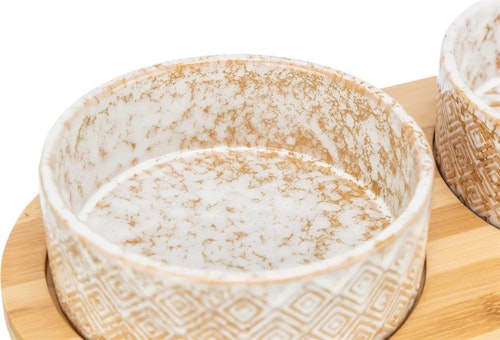 Matbar, keramik/bambu, 2 × 0.3 l/ø 12 cm/30 × 6 × 15 cm, vit/ecru