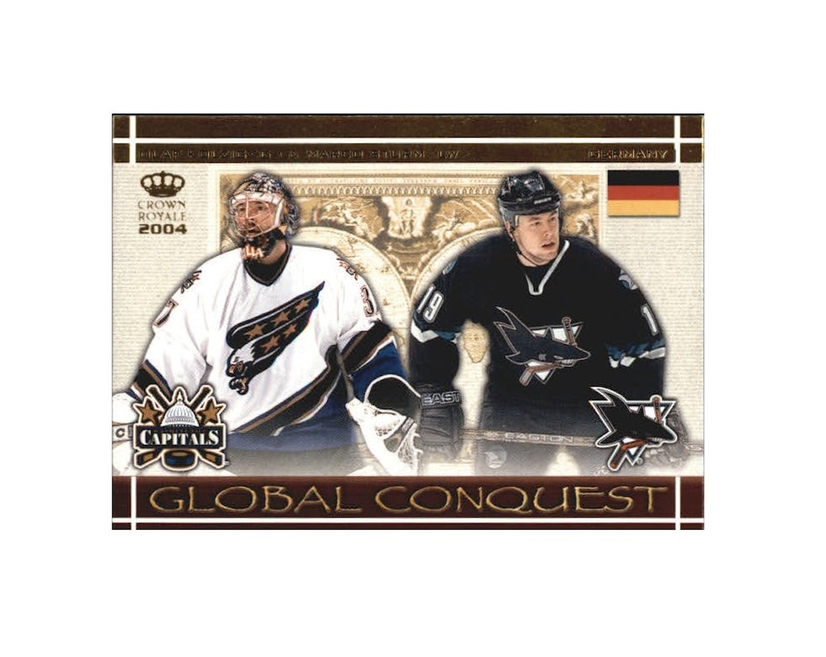 2003-04 Crown Royale Global Conquest #4 Olaf Kolzig Marco Sturm (12-X162-CAPITALS+SHARKS)