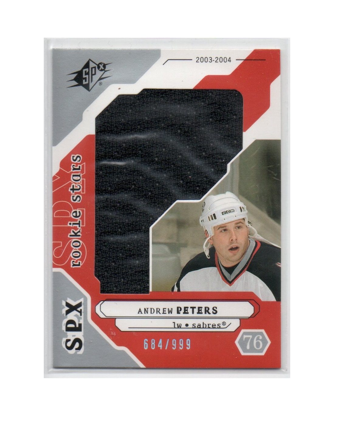 2003-04 SPx #204 Andrew Peters JSY RC (30-X153-GAMEUSED-RC-SERIAL-SABRES)