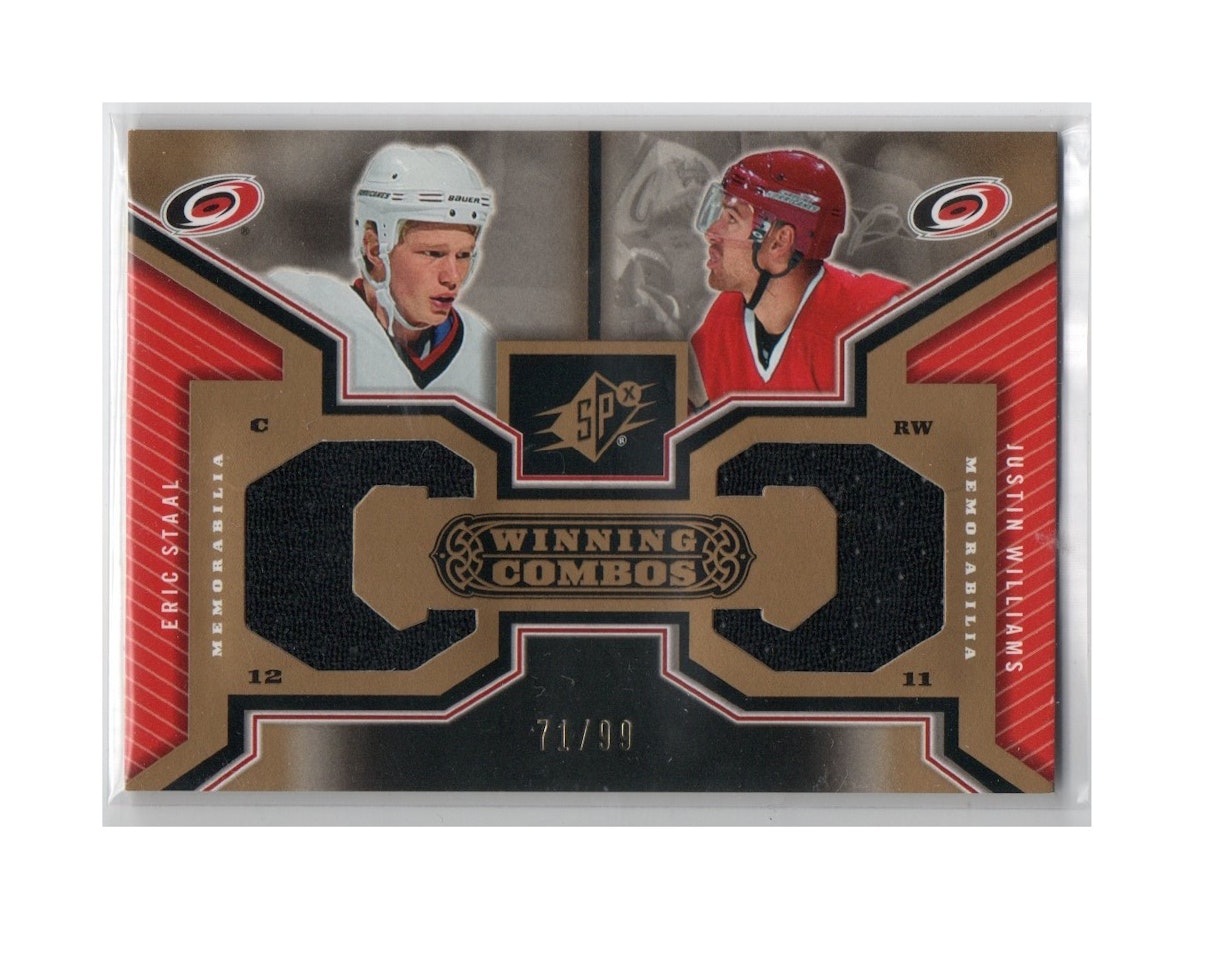 2005-06 SPx Winning Combos Gold #WCEJ Eric Staal Justin Williams (50-X228-SERIAL-GAMEUSED-HURRICANES)