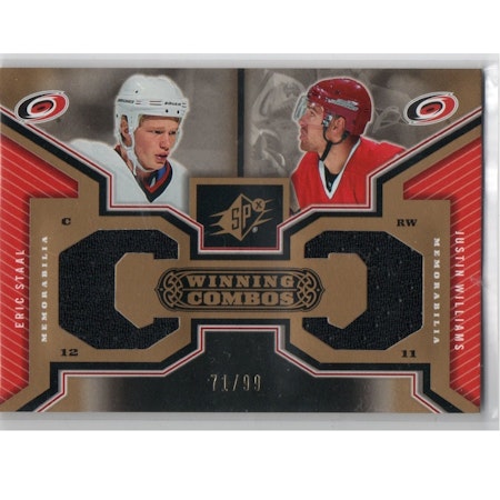 2005-06 SPx Winning Combos Gold #WCEJ Eric Staal Justin Williams (50-X228-SERIAL-GAMEUSED-HURRICANES)