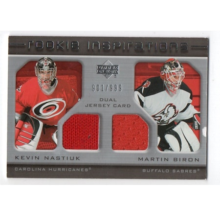 2005-06 Upper Deck Rookie Update #201 Kevin Nastiuk JSY RC Martin Biron JSY (30-X208-HURRICANES+SABRES)