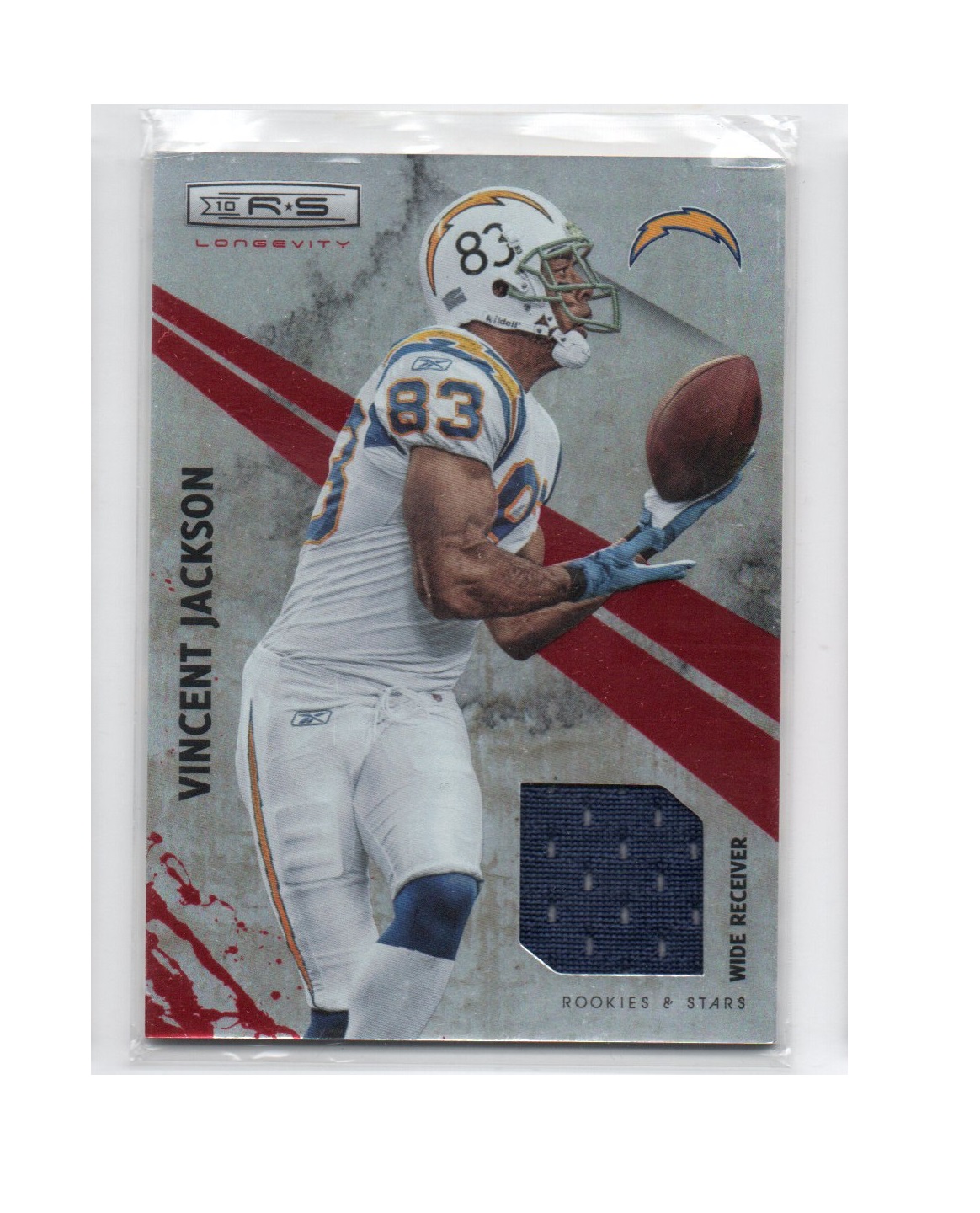 2010 Rookies and Stars Longevity Materials Ruby #123 Vincent Jackson (30-X206-NFLCHARGERS)