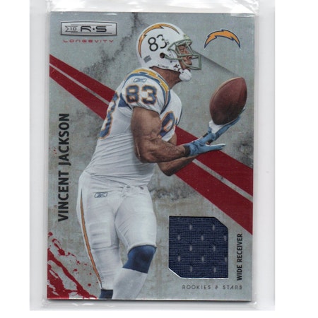 2010 Rookies and Stars Longevity Materials Ruby #123 Vincent Jackson (30-X206-NFLCHARGERS)