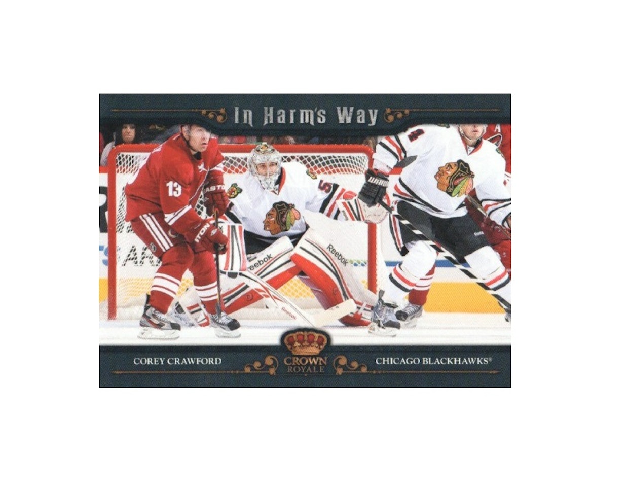 2011-12 Crown Royale In Harms Way #20 Corey Crawford (25-X60-BLACKHAWKS)