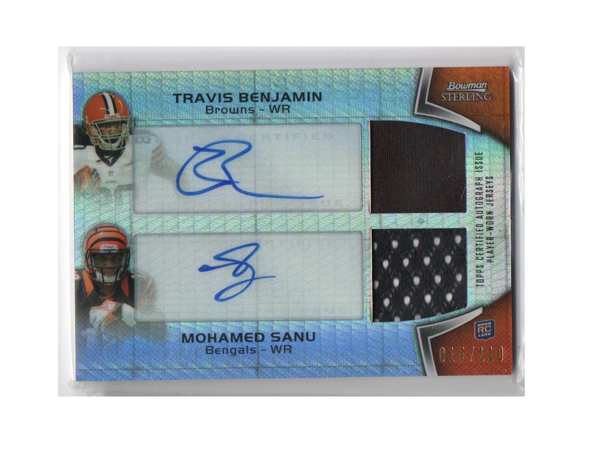 2012 Bowman Sterling Dual Autographed Relics Prism Refractors #BS Travis Benjamin Mohamed Sanu (50-X276-NFLBROWNS+NFLBENGALS)